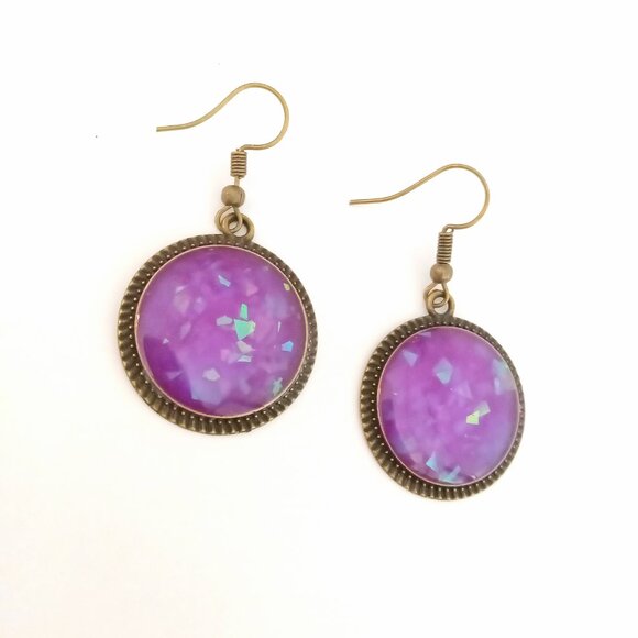 Purple faux fire opal glow in dark and sunlight bronze round dangle earrings - Picture 3 of 6